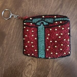 Red Beaded Christmas Present  Keychain Coin Purse